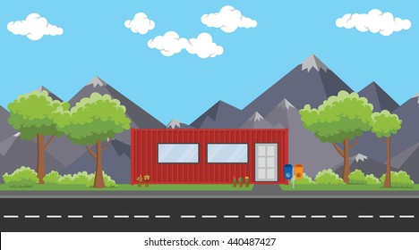 container house concept on side of the road with trees and mountain as background vector graphic illustration