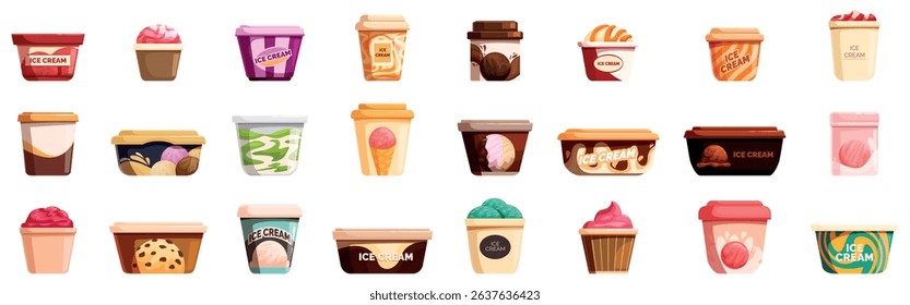 Container ice cream icons set. Assorted ice cream tubs and cones in vibrant packaging