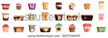 Container ice cream icons set. Assorted ice cream tubs and cones in vibrant packaging