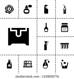 Container icon. collection of 13 container filled icons such as milk can, parcel, perfume, spray bottle, cleanser, soap, arrow up. editable container icons for web and mobile.