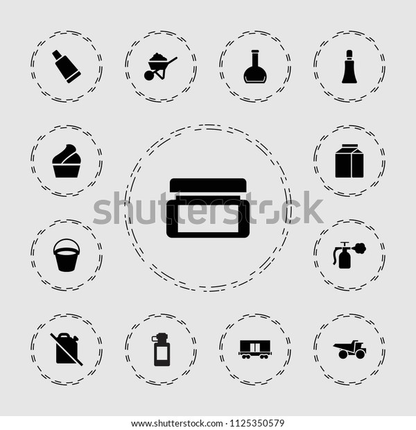 Container icon. collection of\
13 container filled icons such as bucket, cream tube, construction,\
truck, cargo wagon, bottle. editable container icons for web and\
mobile.