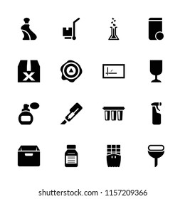 Container icon. collection of 16 container filled icons such as perfume, cream tube, cutter, arrow up, cargo on cart, medicine. editable container icons for web and mobile.