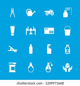 Container icon. collection of 16 container filled icons such as cream tube, bottle, parcel, garden tools, watering can, soap. editable container icons for web and mobile.