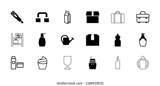Container icon. collection of 18 container filled and outline icons such as parcel, watering can, cream, toolbox, milk. editable container icons for web and mobile.