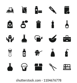 Container icon. collection of 25 container filled icons such as trash bin, parcel, perfume, soap, milk glass, garden tools. editable container icons for web and mobile.