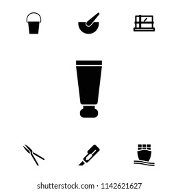 Container icon. collection of 7 container filled icons such as parcel, cream tube, cutter, garden tools, cargo ship. editable container icons for web and mobile.