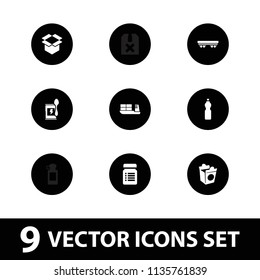 Container icon. collection of 9 container filled icons such as take away food, box, bottle for fitness, protein powder. editable container icons for web and mobile.