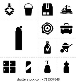 Container icon. set of 13 filled container icons such as milk can, luggage storage, soap, cleanser, toolbox, construction, bucket, arrow up, cargo container, cargo ship, box