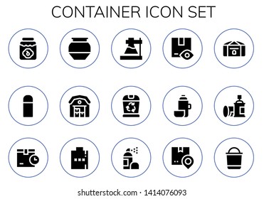 container icon set. 15 filled container icons.  Simple modern icons about  - Jam, Thermo, Pottery, Warehouse, Flask, Trash, Package, Chest, Spray, Hip flask, Shipping, Bucket
