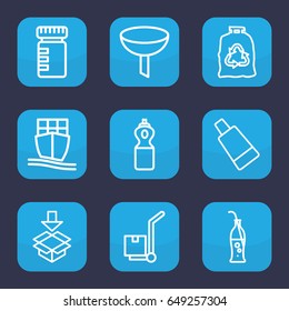 Container icon. set of 9 outline container icons such as cream tube, trash bag, cargo on cart, cargo ship, box, soda bottle, filter, bottle for fitness