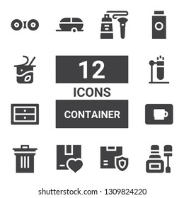container icon set. Collection of 12 filled container icons included Nail polish, Box, Package, Bin, Coffee cup, Drawers, Test tube, Trailer, Baby powder, Yogurt, Contact lens