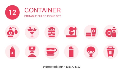 container icon set. Collection of 12 filled container icons included Perfume, Martini, Beer can, Flask, Cosmetics, Water, Cup, Bottle, Parachute, Washing dishes, Trash