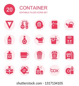 container icon set. Collection of 20 filled container icons included Water, Flask, Delete, Fridge, Watering can, Shampoo, Bottle, Bucket, Package, Ear dropper, Cup, Popcorn, Trash