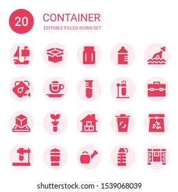 container icon set. Collection of 20 filled container icons included Ship, Package, Jar, Feeding bottle, Bottle, Watering can, Coffee cup, Test tube, Toolbox, Box, Warehouse, Recycling bin
