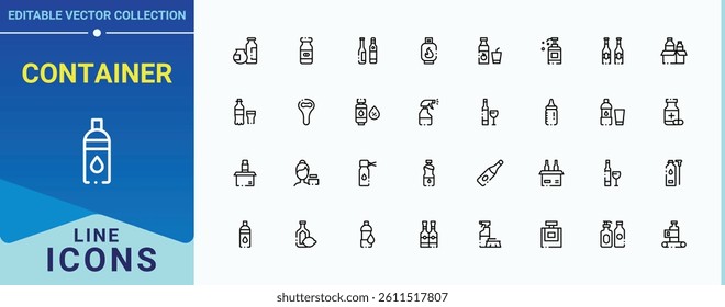 Container icon set. Contain linear symbols water wine drink, plastic eco, water and more. Bottle vector line icon set. Minimalist linear icons. Vector illustration. Pixel perfect.