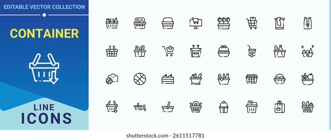 Container icon set. Contains such symbols as delivery, e-commerce, cart, supermarket, buy, bag, sale and more. Basket simple icon set. Minimal icons set. Editable vector art.
