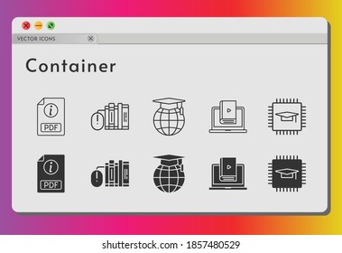 Container-Icon-Set. inklusive Chip, pdf, Bücher, Schule, Lernsymbole auf weißem Hintergrund. lineare, gefüllte Stile.