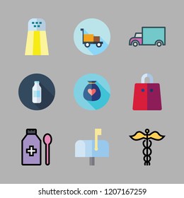 container icon set. vector set about shopping bag, salt shaker, products and mailbox icons set.