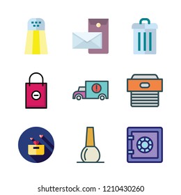 container icon set. vector set about nail polish, postal, salt shaker and safebox icons set.