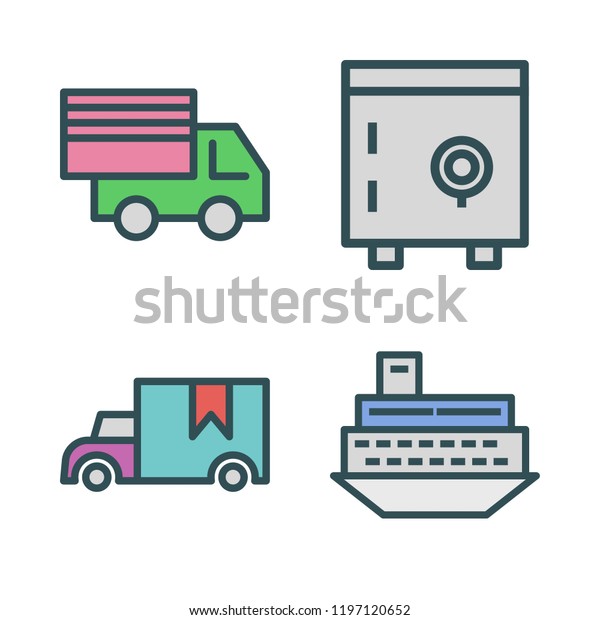 container icon set. vector set about cargo truck,\
safebox and ship icons\
set.
