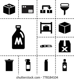 Container icons. set of 13 editable filled container icons such as milk can, luggage storage, trash bin, cleanser, box, bottle for fitness, question box, object move, cutter