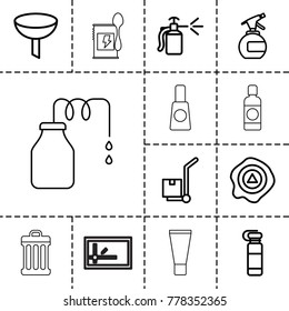 Container icons. set of 13 editable outline container icons such as spray bottle, filter, bottle for fitness, arrow up, cargo on cart, canister, parcel, cream tube, bottle