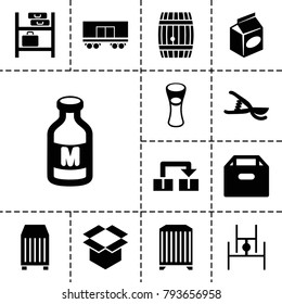 Container icons. set of 13 editable filled container icons such as box, milk glass, take away food, garden tools, milk, cargo container, object move, barrel, luggage storage