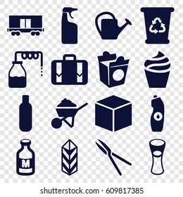 Container icons set. set of 16 container filled icons such as canister, bottle, cream, recycle bin, cleanser, construction, water bottle, milk glass, take away food