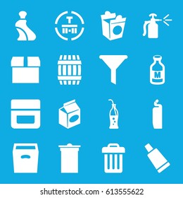 Container icons set. set of 16 container filled icons such as barrel, cream tube, cream, trash bin, cleanser, take away food, spray bottle, milk, cargo terminal, box