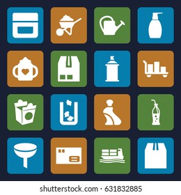 Container icons set. set of 16 container filled icons such as trash bin, baby bottle, cream tube, cream, bottle soap, construction, spray paint, take away food, watering can