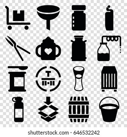 Container icons set. set of 16 container filled icons such as canister, bucket, barrel, baby bottle, cleanser, milk glass, garden tools, cargo terminal, cargo on cart