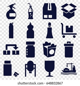 Container icons set. set of 16 container filled icons such as tank, trash bin, spray bottle, cream tube, cleanser, take away food, medicine, fragile cargo, box, cargo on cart
