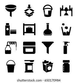 Container icons set. set of 16 container filled icons such as canister, luggage storage, spray bottle, cream, bucket, take away food, box, bottle, trash bin, cream tube