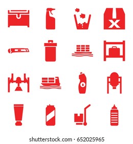 Container icons set. set of 16 container filled icons such as tank, trash bin, luggage storage, cream tube, cleanser, chest, water bottle, cargo on cart, cargo ship, cutter