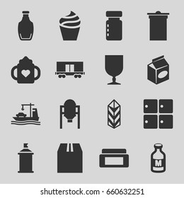 Container icons set. set of 16 container filled icons such as tank, luggage storage, baby bottle, cream box, cream, trash bin, spray paint, take away food, milk, fragile cargo