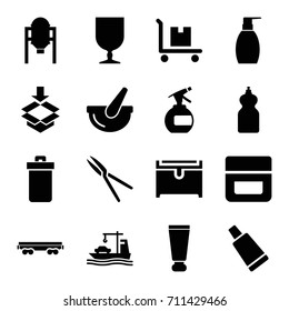 Container icons set. set of 16 container filled icons such as tank, trash bin, cream tube, spray bottle, cream, bottle soap, cleanser, chest, garden tools, fragile cargo