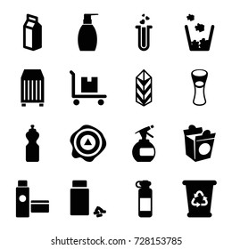 Container icons set. set of 16 container filled icons such as spray bottle, recycle bin, bottle soap, milk glass, take away food, medicine, milk, arrow up, cargo