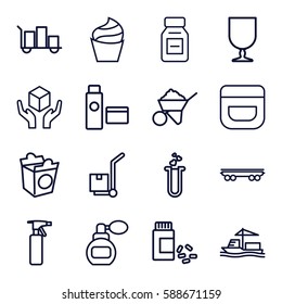 container icons set. Set of 16 container outline icons such as perfume, spray bottle, cream, construction, take away food, medicine, fragile cargo, handle with care