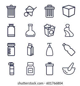 container icons set. Set of 16 container outline icons such as trash bin, canister, soap, cream tube, construction, take away food, milk, medicine, bucket, bottle, box