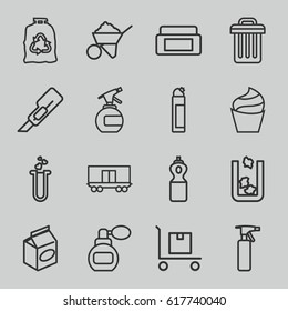 Container icons set. set of 16 container outline icons such as trash bin, perfume, cream box, spray bottle, cream, cleanser, trash bag, cutter, construction, take away food