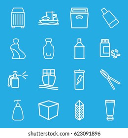 Container icons set. set of 16 container outline icons such as cream tube, soap, spray paint, garden tools, spray bottle, medicine, cargo, cargo container, cargo ship, box