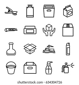 Container icons set. set of 16 container outline icons such as canister, bucket, cream box, bottle soap, cleanser, take away food, garden tools, spray bottle, handle with care