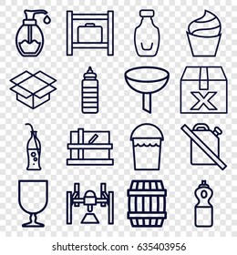 Container icons set. set of 16 container outline icons such as luggage storage, barrel, parcel, cream, bucket, soap, fragile cargo, box, bottle, soda bottle, filter, no oil