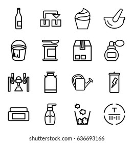 Container icons set. set of 16 container outline icons such as canister, perfume, cream box, cream, bucket, bottle soap, watering can, cargo terminal, cargo container