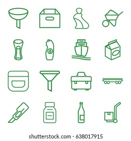 Container icons set. set of 16 container outline icons such as cream tube, cream, toolbox, cutter, construction, water bottle, milk glass, take away food, cargo on cart