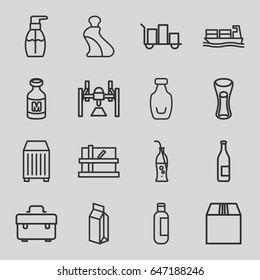 Container icons set. set of 16 container outline icons such as parcel, bottle, cream tube, bottle soap, toolbox, milk glass, milk, cargo container, cargo ship, soda bottle