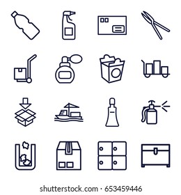 Container icons set. set of 16 container outline icons such as trash bin, luggage storage, perfume, cream tube, cleanser, chest, take away food, garden tools, spray bottle