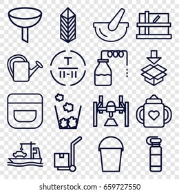 Container icons set. set of 16 container outline icons such as canister, parcel, baby bottle, cream, bucket, watering can, cargo terminal, cargo, box, trash bin, filter