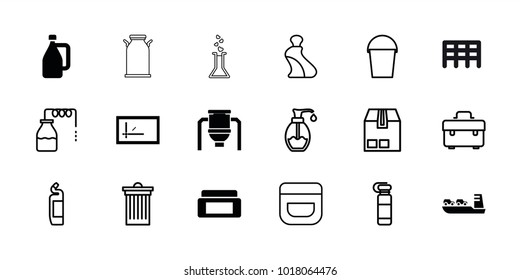 Container icons. set of 18 editable filled and outline container icons: cream box, canister, cream tube, cream, trash bin, cleanser, toolbox, bottle for fitness, bucket, soap