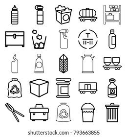 Container icons. set of 25 editable outline container icons such as bottle, bucket, trash bin, trash bag, chest, toolbox, box, take away food, bottle for fitness